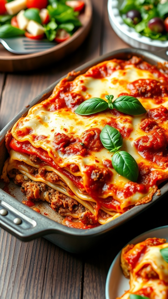 Layers of gluten-free lasagna with meat sauce and cheese, garnished with basil, on a rustic table.